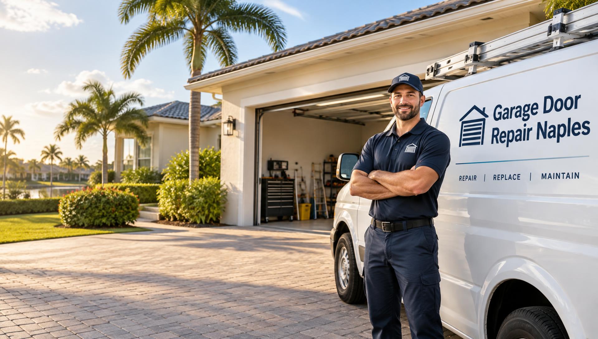 Garage Door Repair Naples technician beside a branded Garage Door Repair Naples service van at a Naples FL home