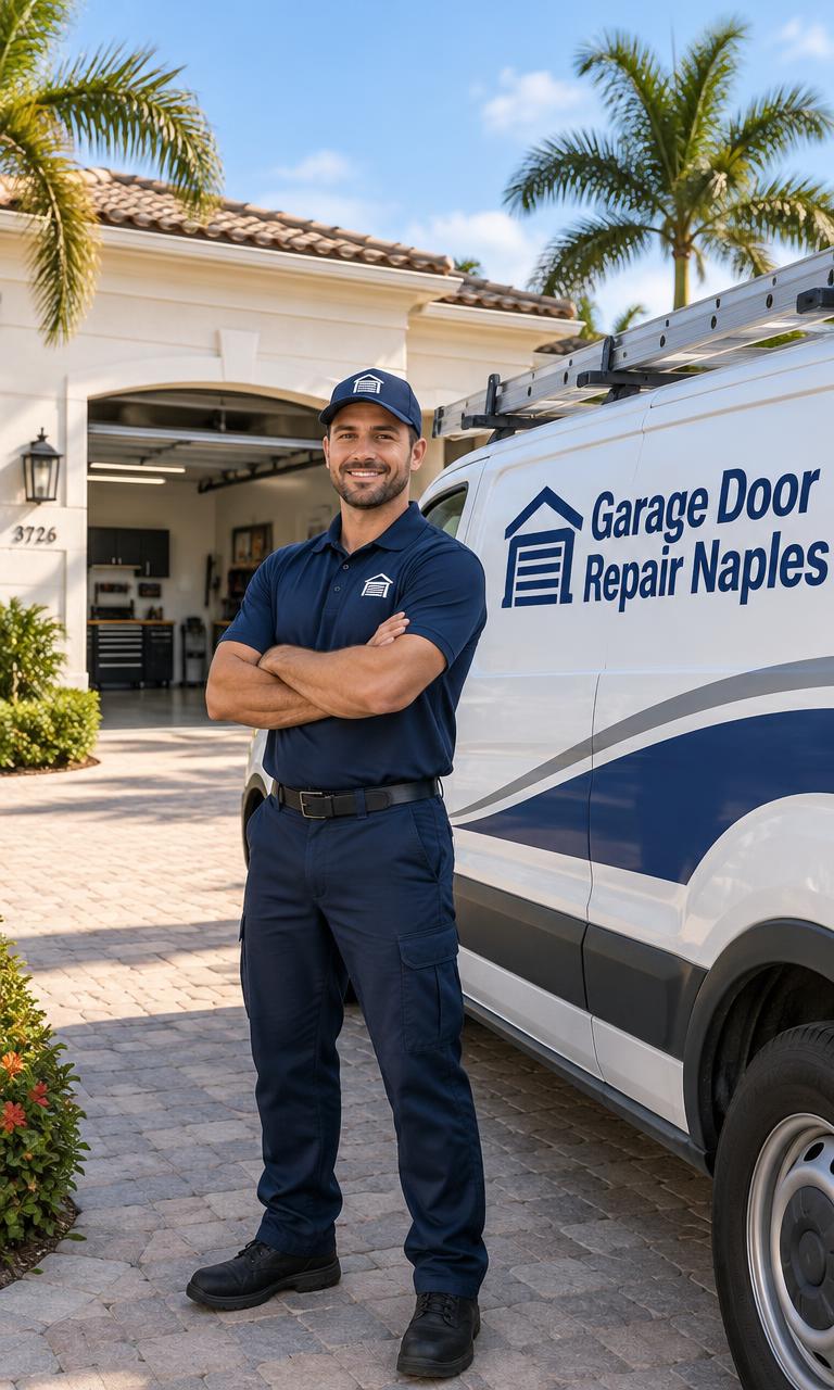 Garage Door Repair Naples technician beside a branded Garage Door Repair Naples service van at a Naples FL home